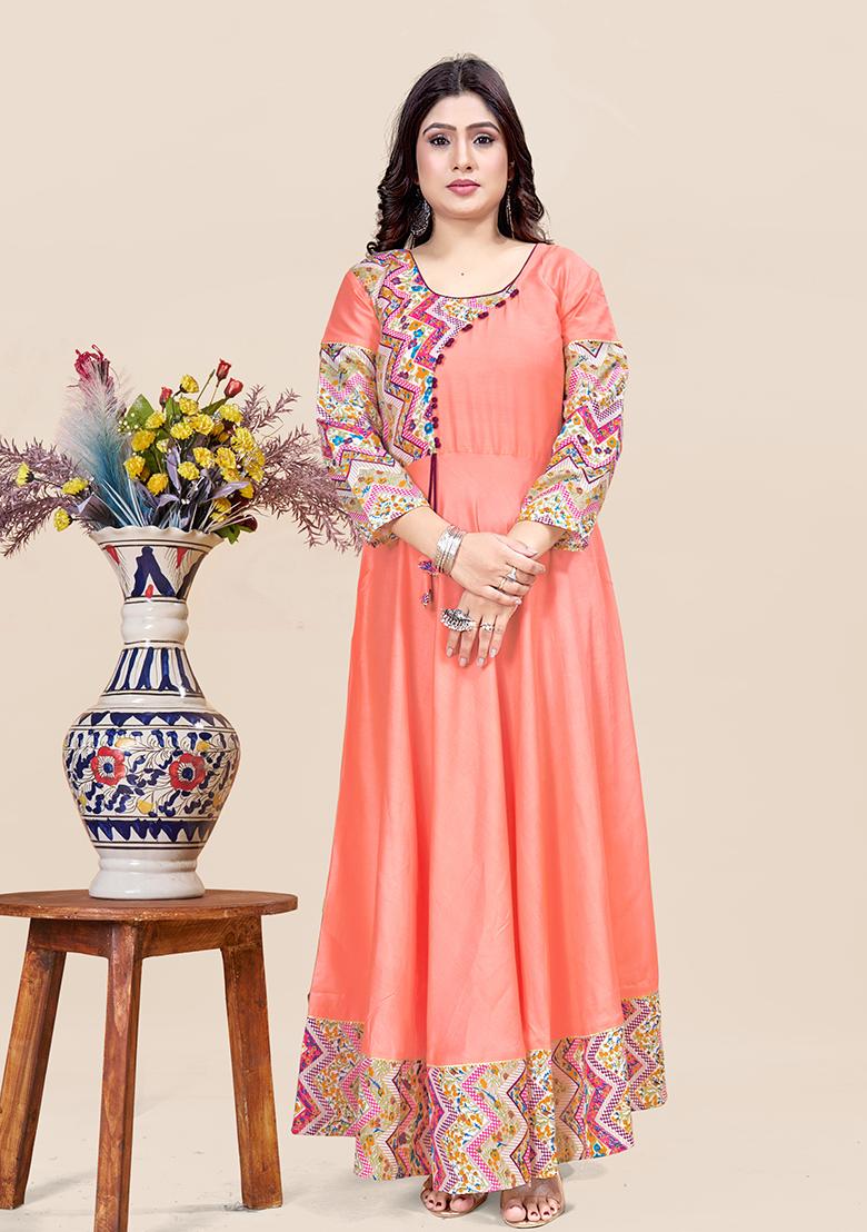 Orange Printed Rayon Kurta