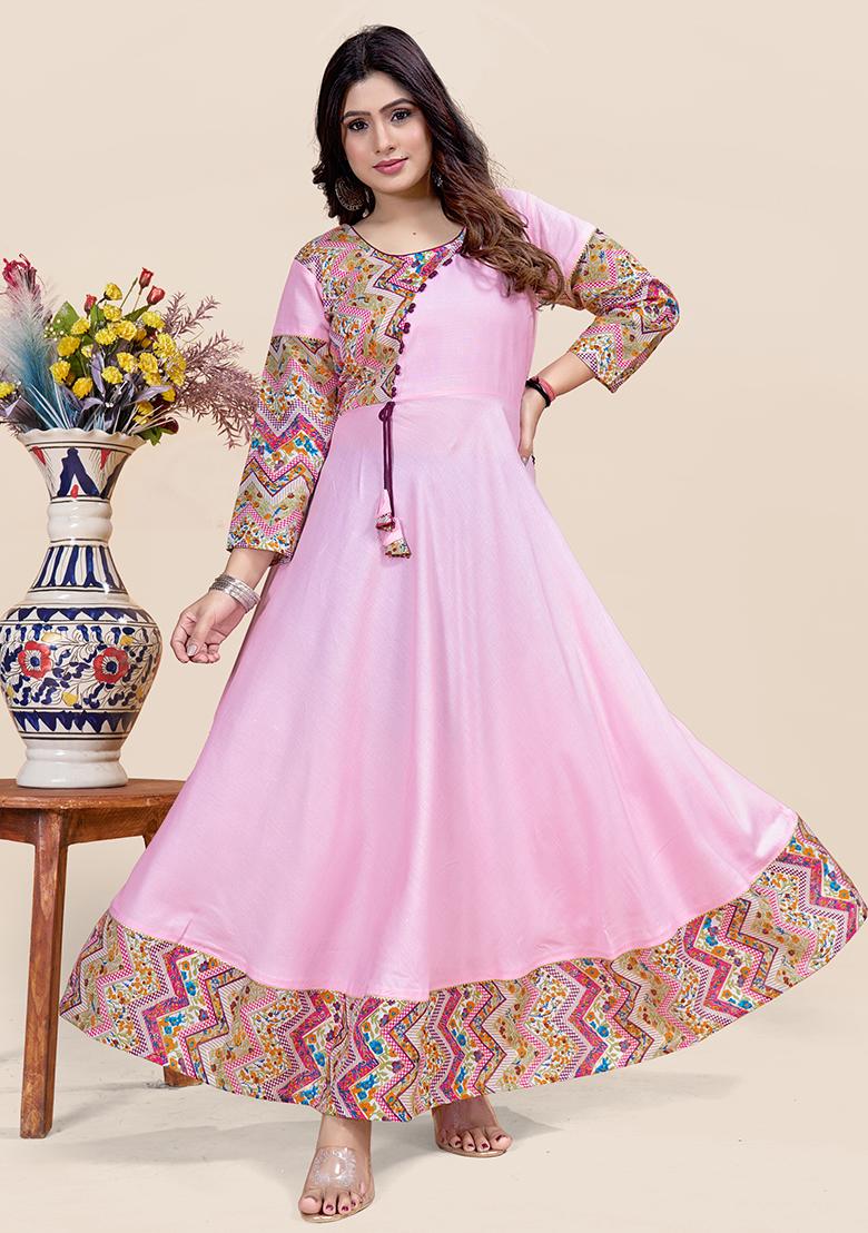 Pink Printed Rayon Kurta