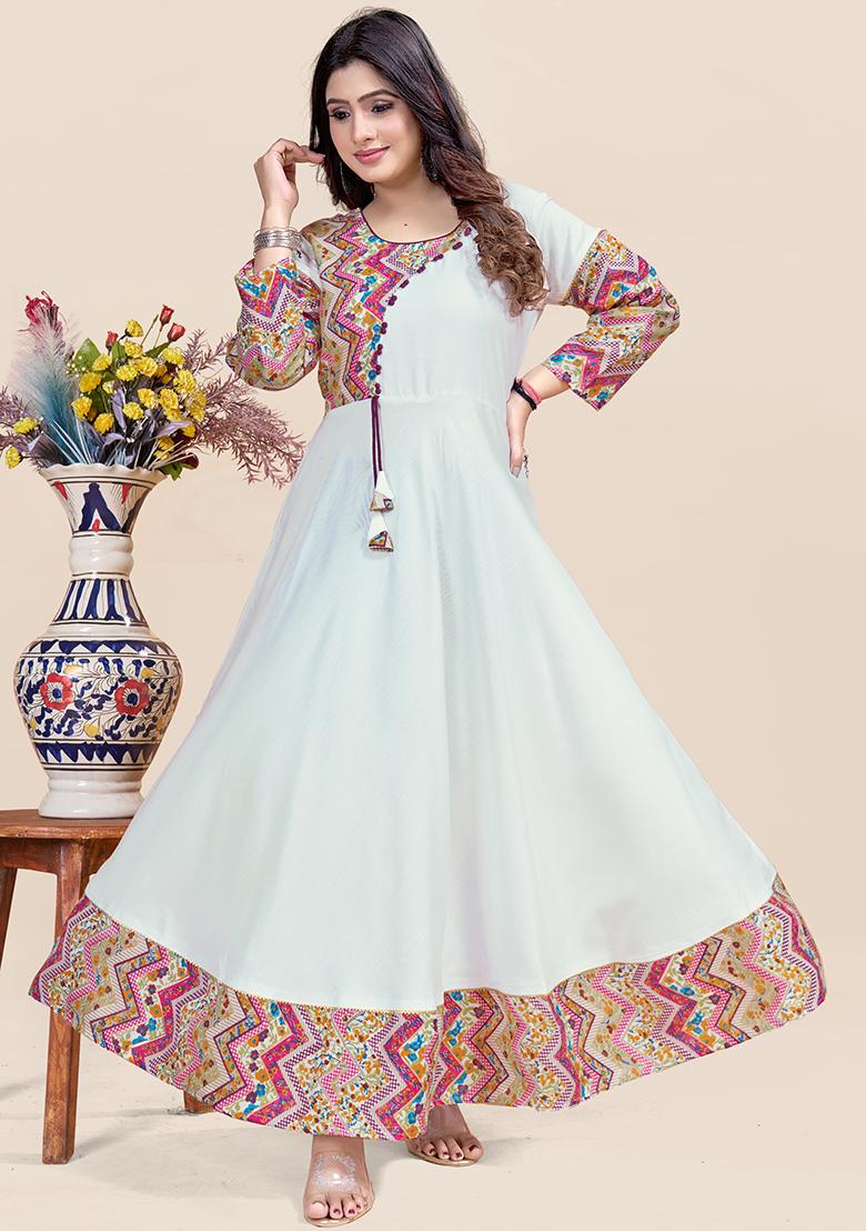 White Printed Rayon Kurta