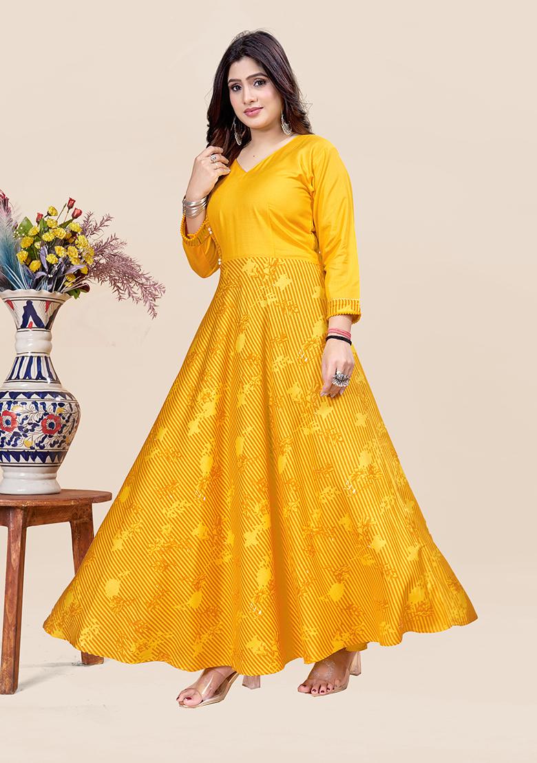 Yellow Printed Rayon Kurta