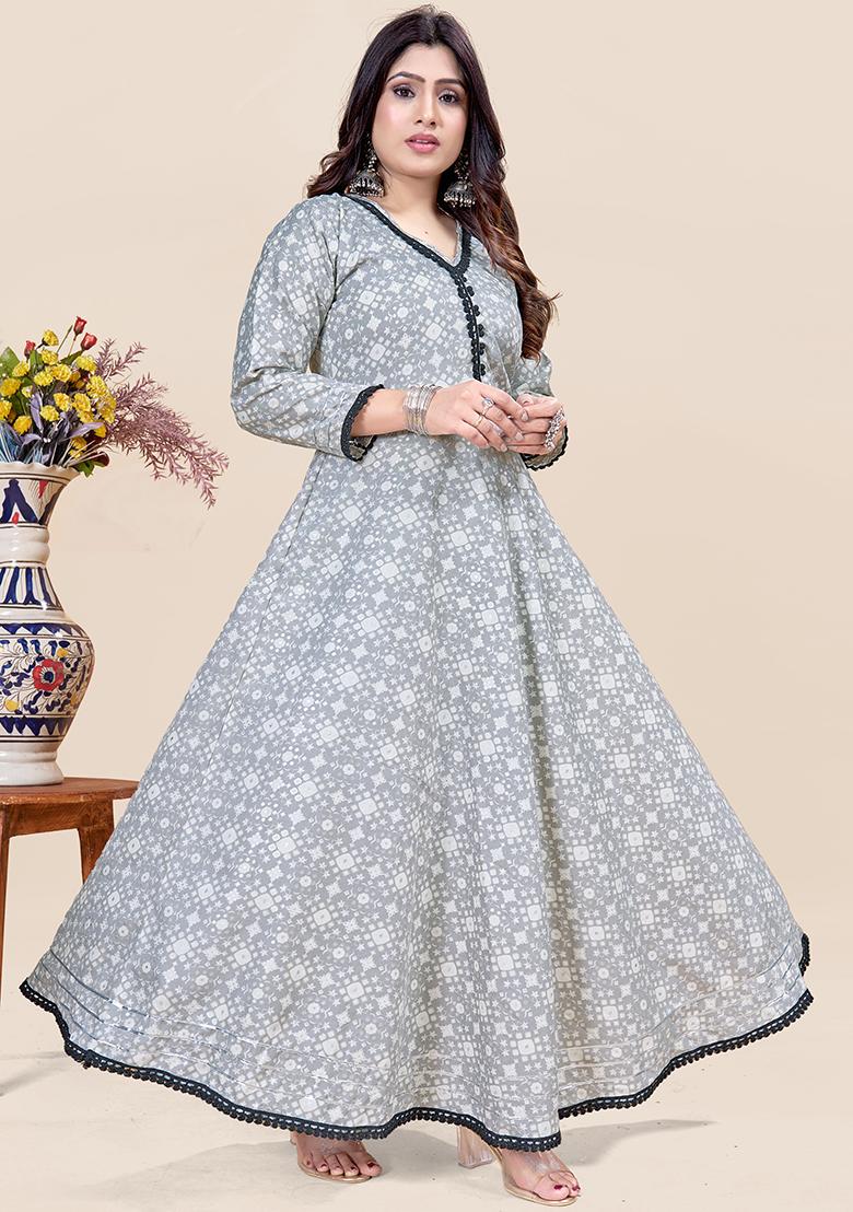 Grey Printed Rayon Kurta