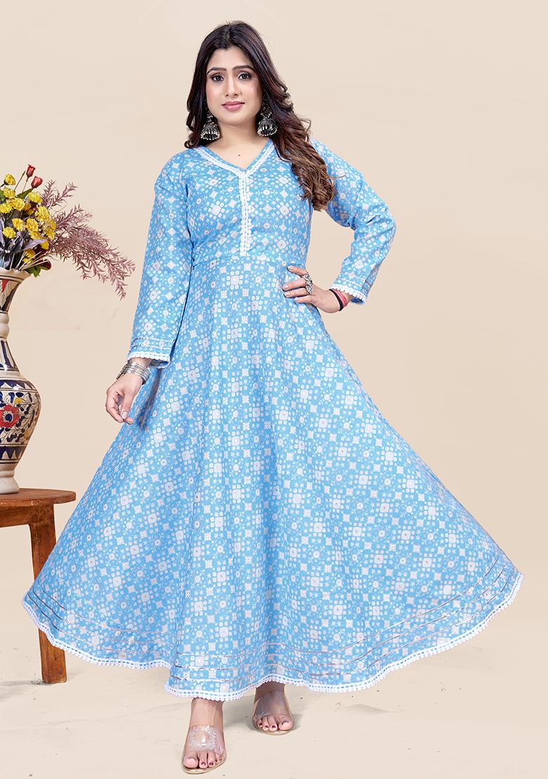 Sky Blue Printed Rayon Kurta