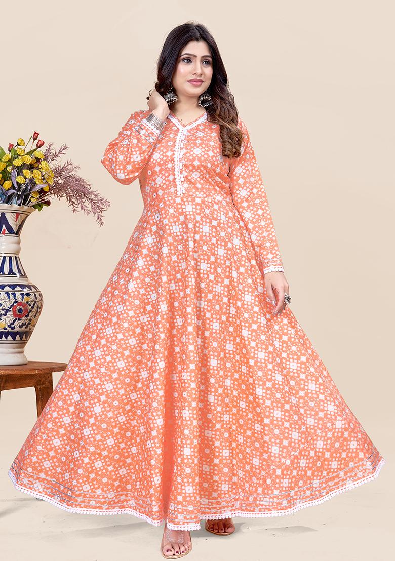 Orange Printed Rayon Kurta