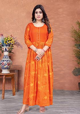Orange Printed Rayon Kurta