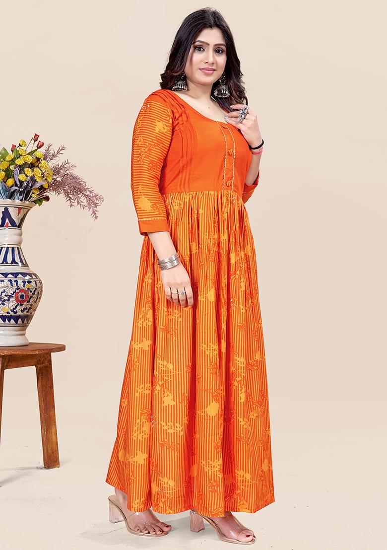 Orange Printed Rayon Kurta