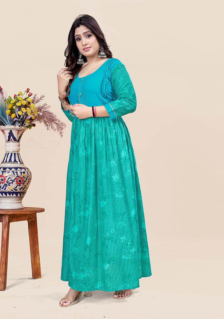 Aqua Blue Printed Rayon Kurta