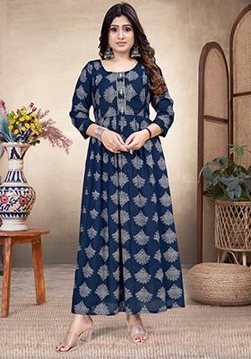 Blue Printed Rayon Kurta