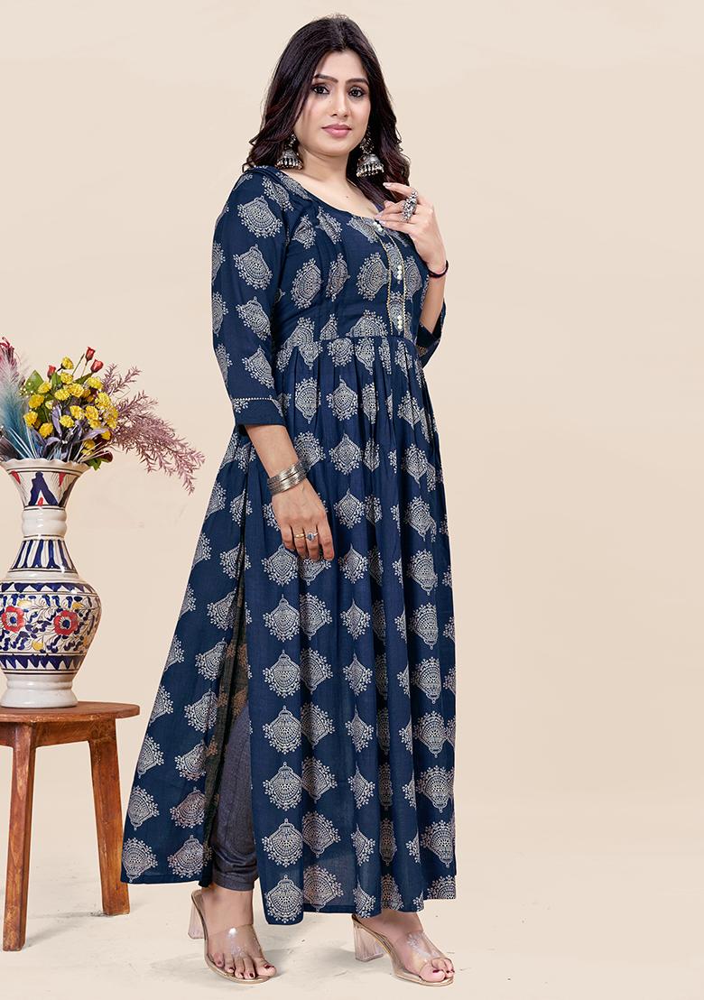 Blue Printed Rayon Kurta