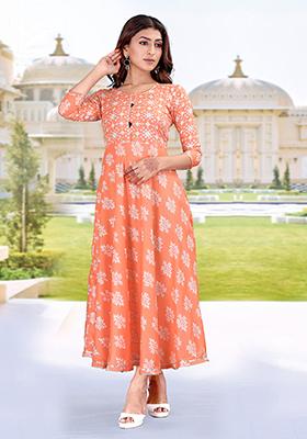 Orange Printed Rayon Kurta