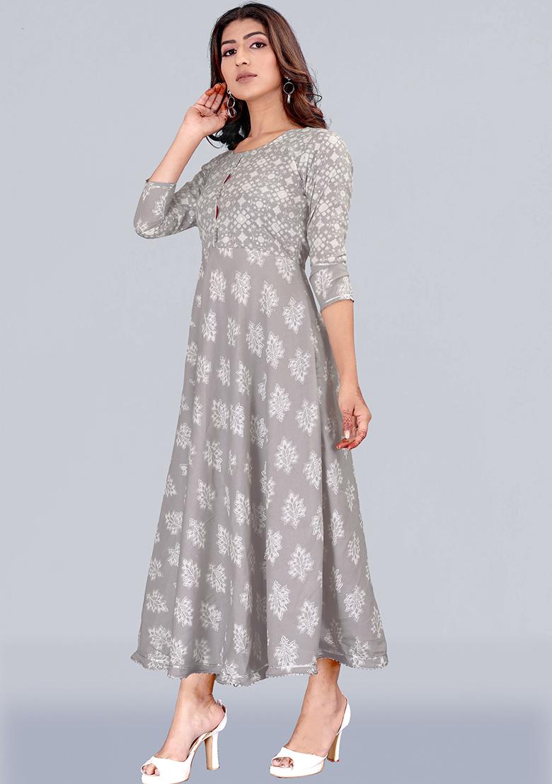 Grey Printed Rayon Kurta