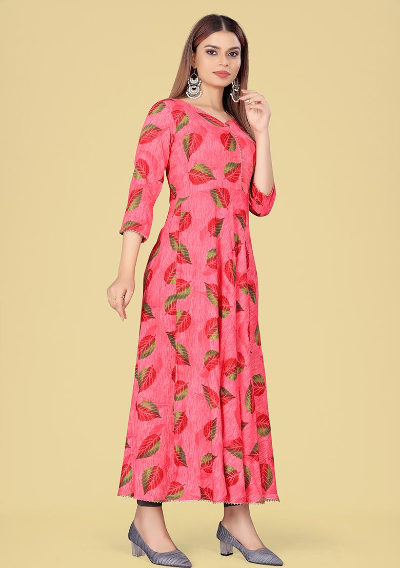 Dark Pink Printed Rayon Kurta