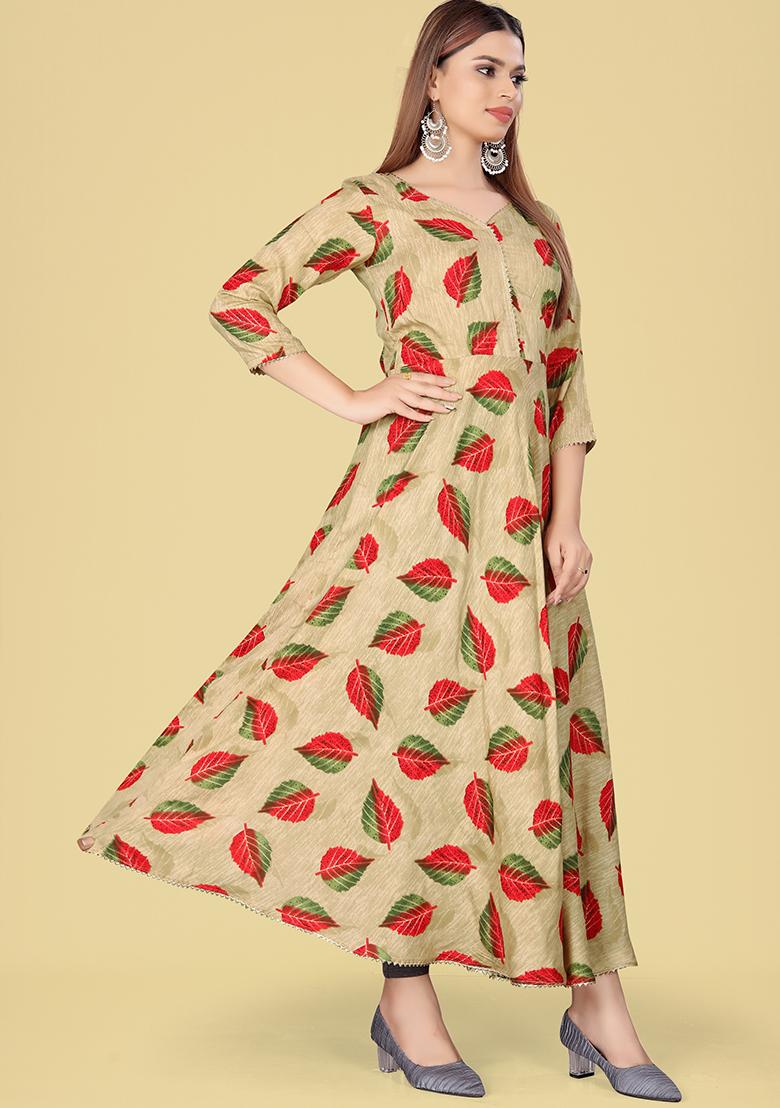 Beige Printed Rayon Kurta