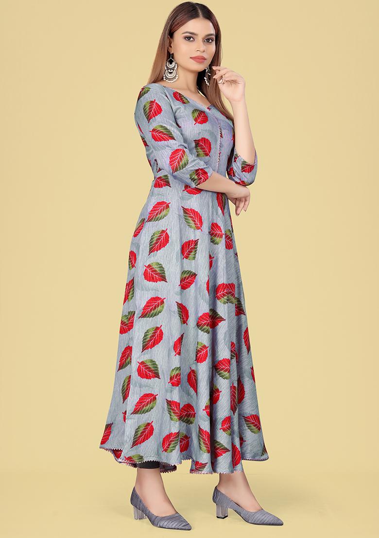 Dark Grey Printed Rayon Kurta