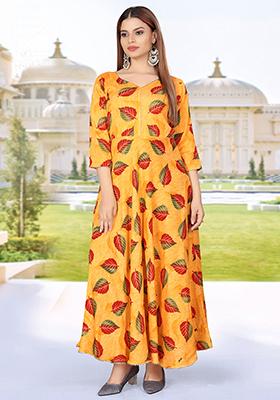 Yellow Printed Rayon Kurta