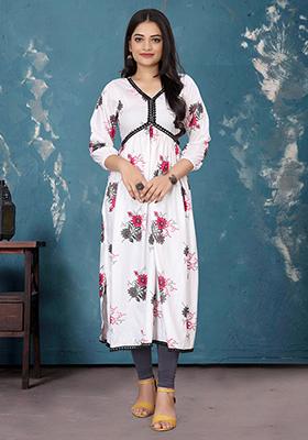White Printed Rayon Kurta