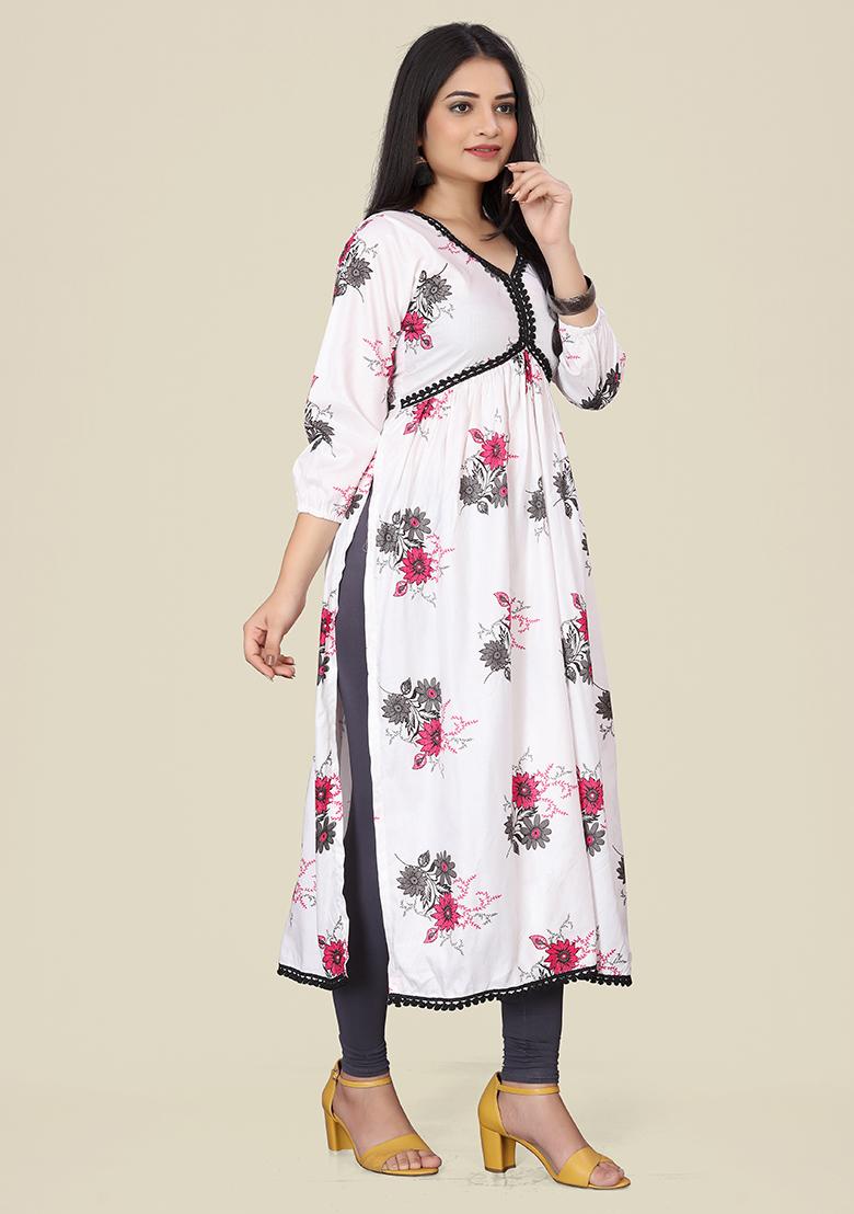 White Printed Rayon Kurta