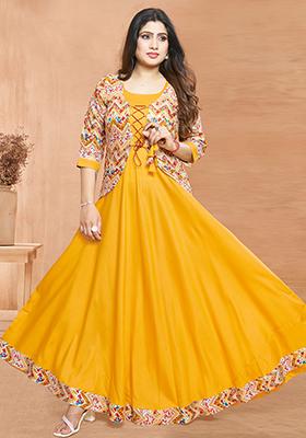 Yellow Printed Rayon Anarkali Set