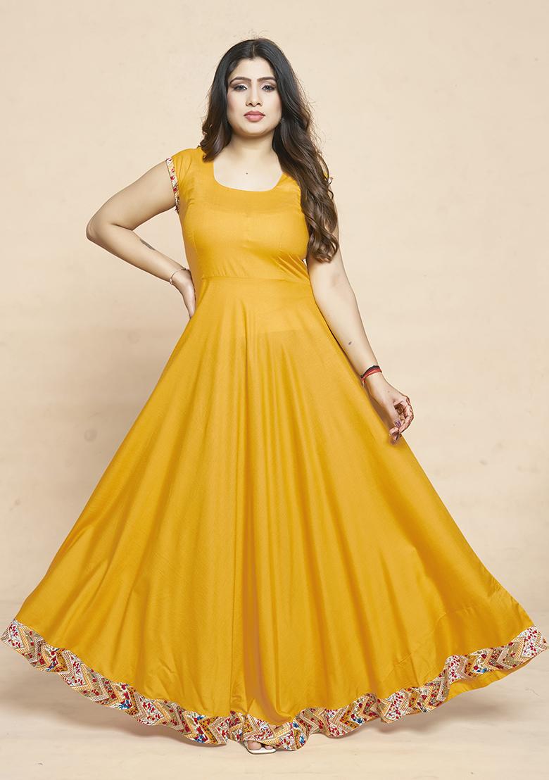 Yellow Printed Rayon Anarkali Set