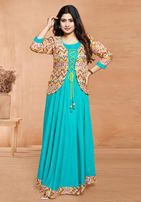 Aqua Blue Printed Rayon Anarkali Set
