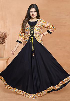 Black Printed Rayon Anarkali Set