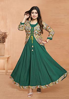 Green Printed Rayon Anarkali Set