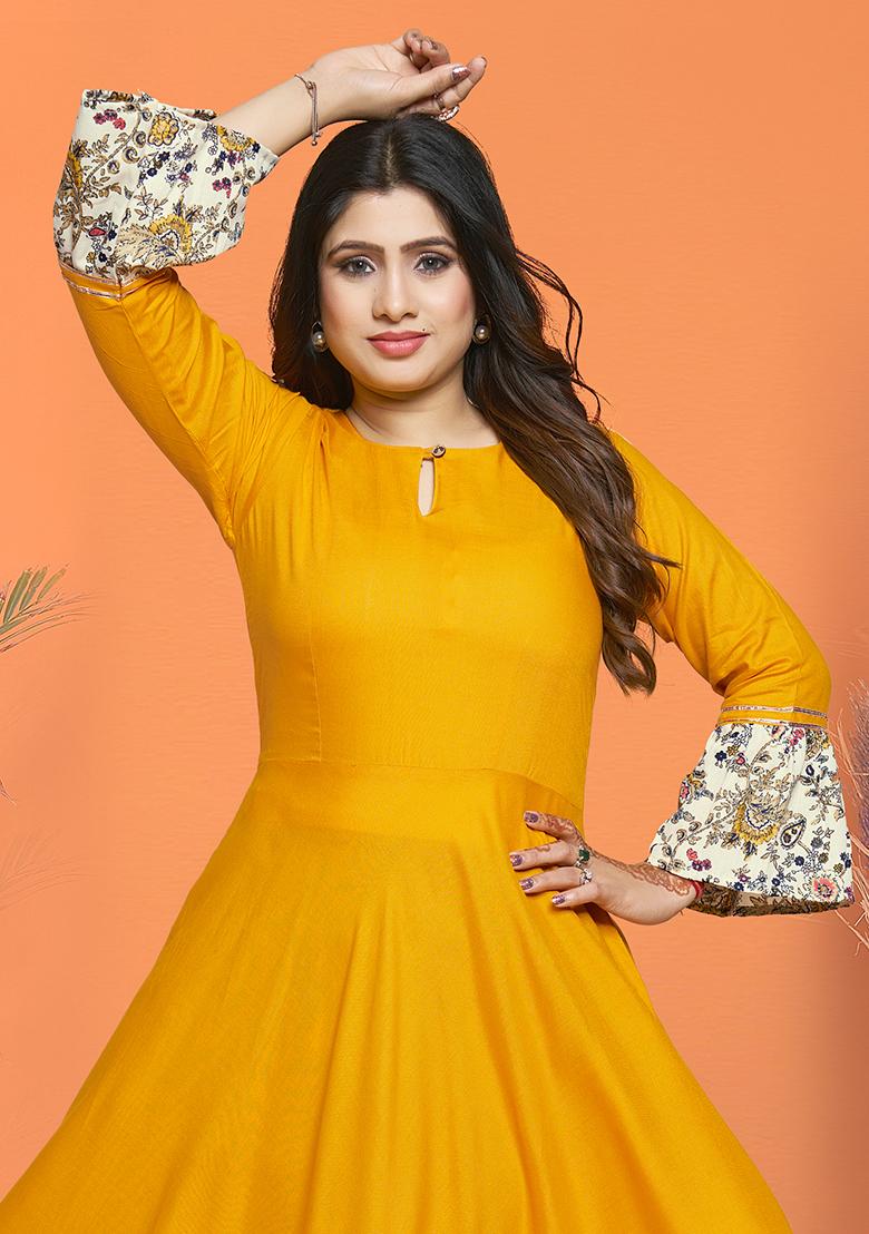 Yellow Printed Rayon Kurta