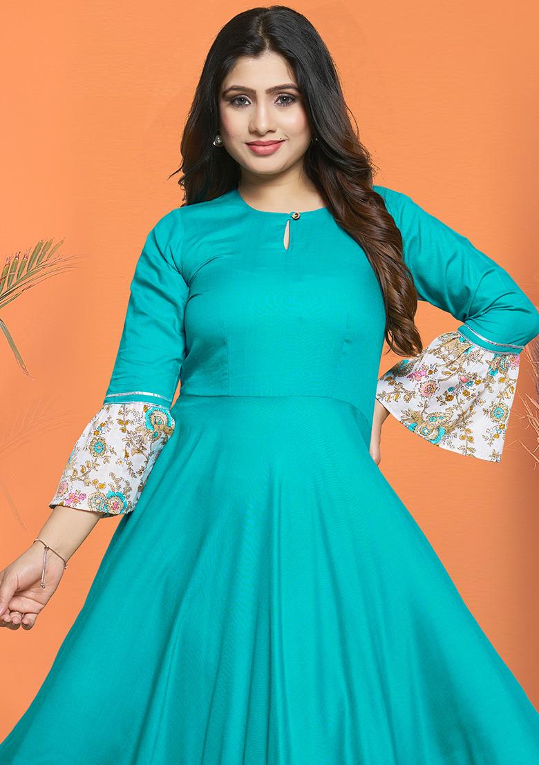 Aqua Blue Printed Rayon Kurta