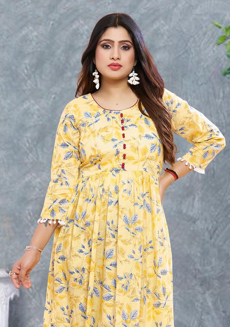 Yellow Printed Rayon Kurta