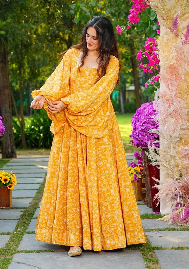 Yellow Printed Georgette Gown