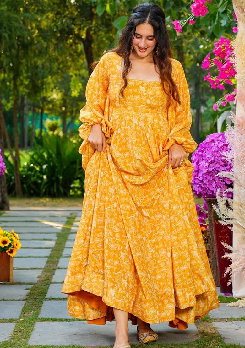 Yellow Printed Georgette Gown