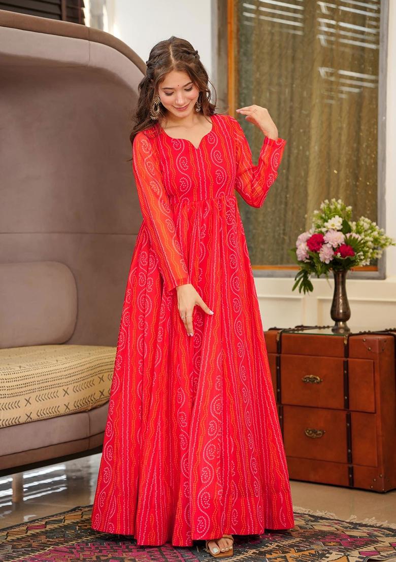 Red Printed Georgette Gown