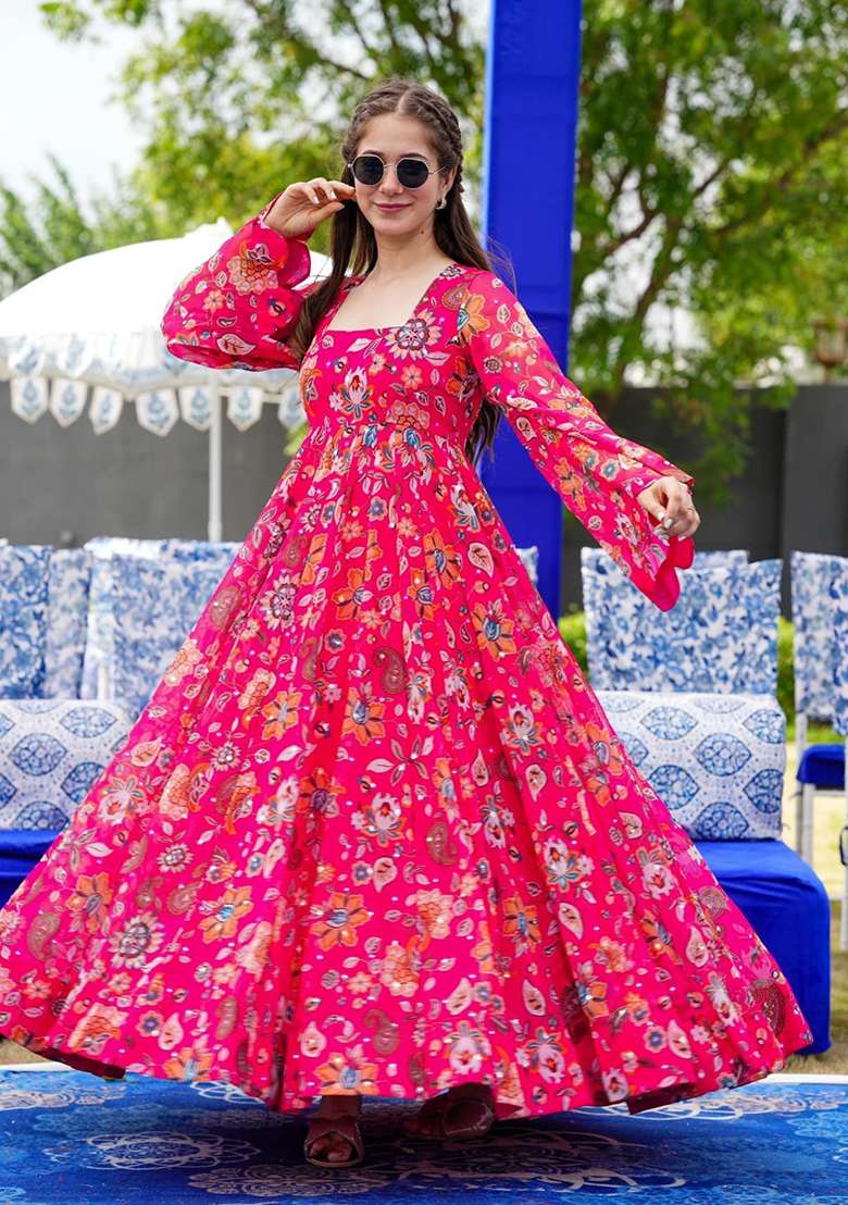 Pink Floral Print Georgette Gown - Indya