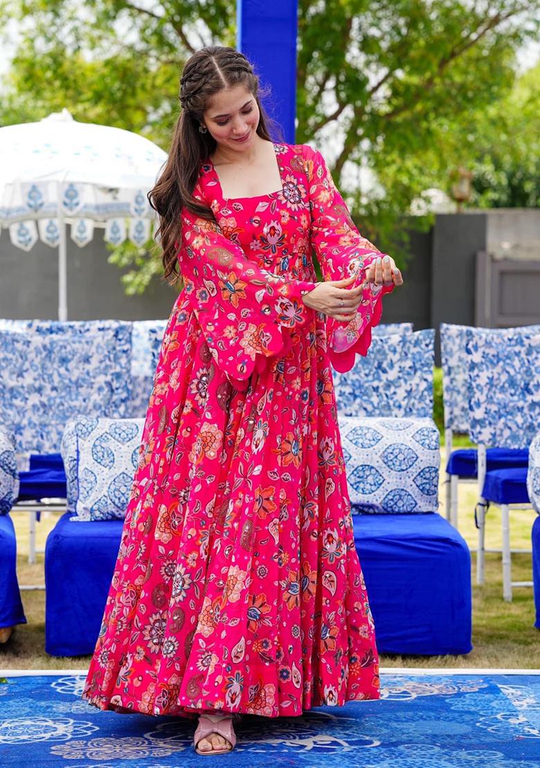 Pink Printed Georgette Gown