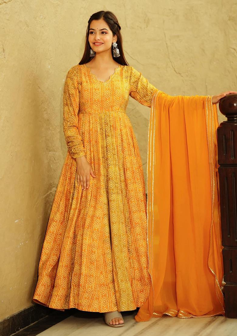 Yellow Printed Georgette Gown