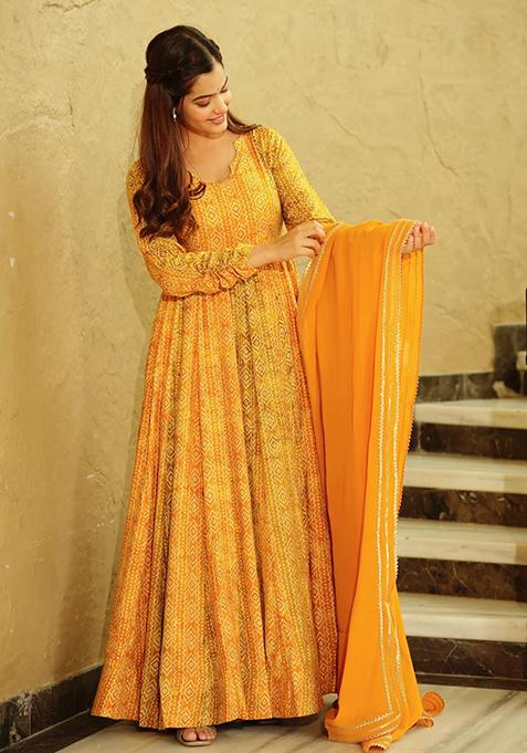 Yellow Printed Georgette Gown