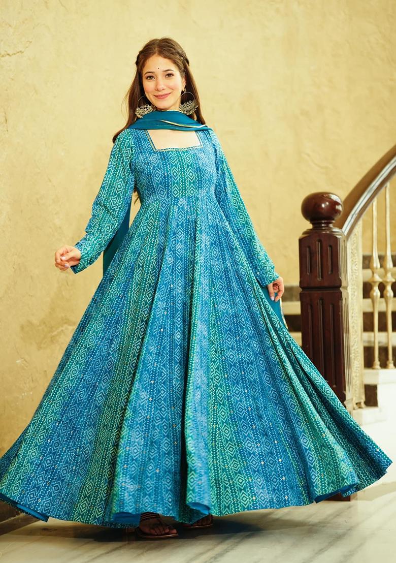 Blue Printed Georgette Gown