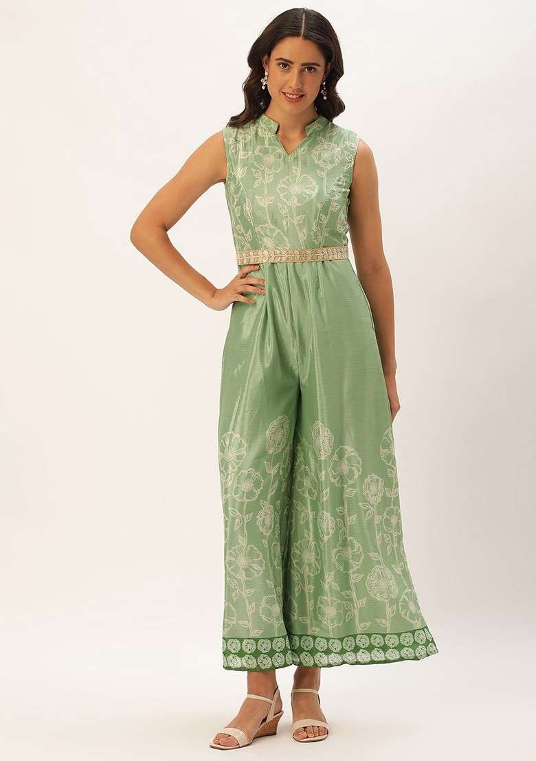 Green Embellished Poly Blend Jumpsuit for Diwali | Wedding & Festive Wear - Indya