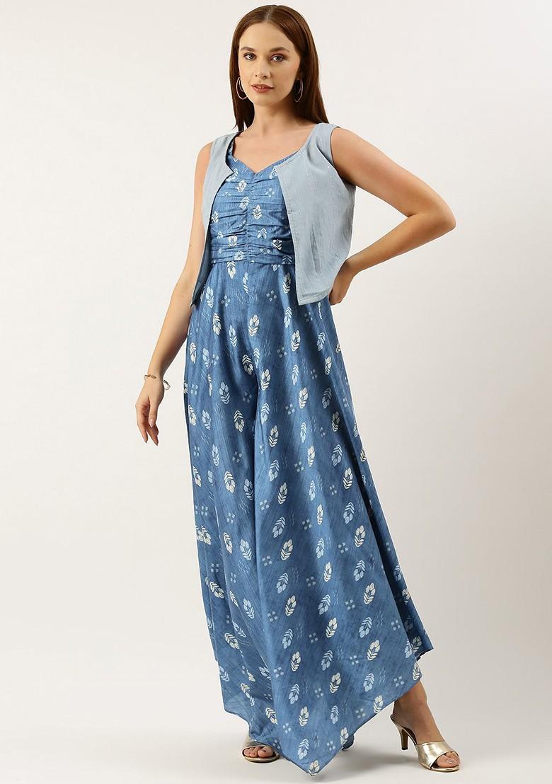 Blue Printed Poly Blend Jumpsuit