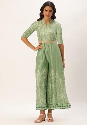 Green Floral Print Poly Blend Jumpsuit