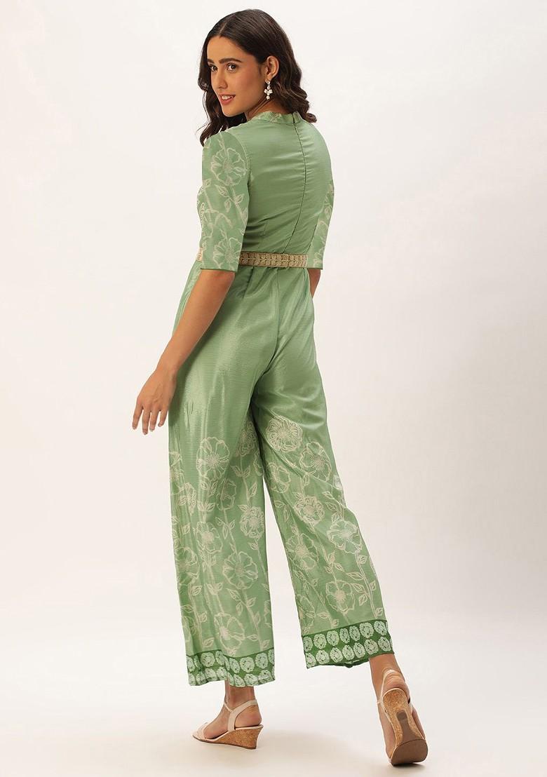 Green Floral Print Poly Blend Jumpsuit