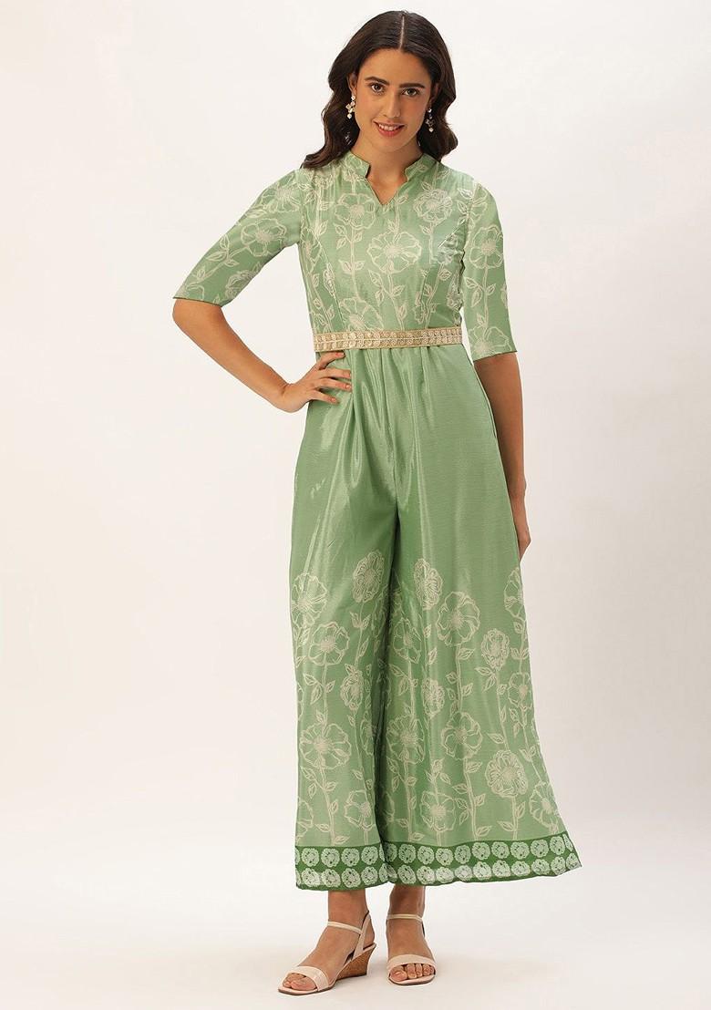 Green Floral Print Poly Blend Jumpsuit