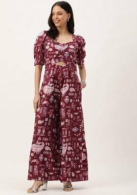 Maroon Printed Poly Blend Jumpsuit