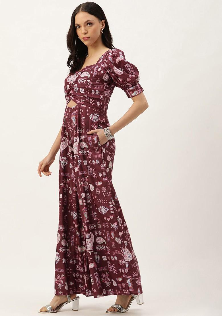 Maroon Printed Poly Blend Jumpsuit