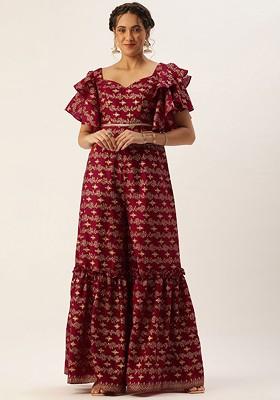 Maroon Printed Poly Blend Jumpsuit