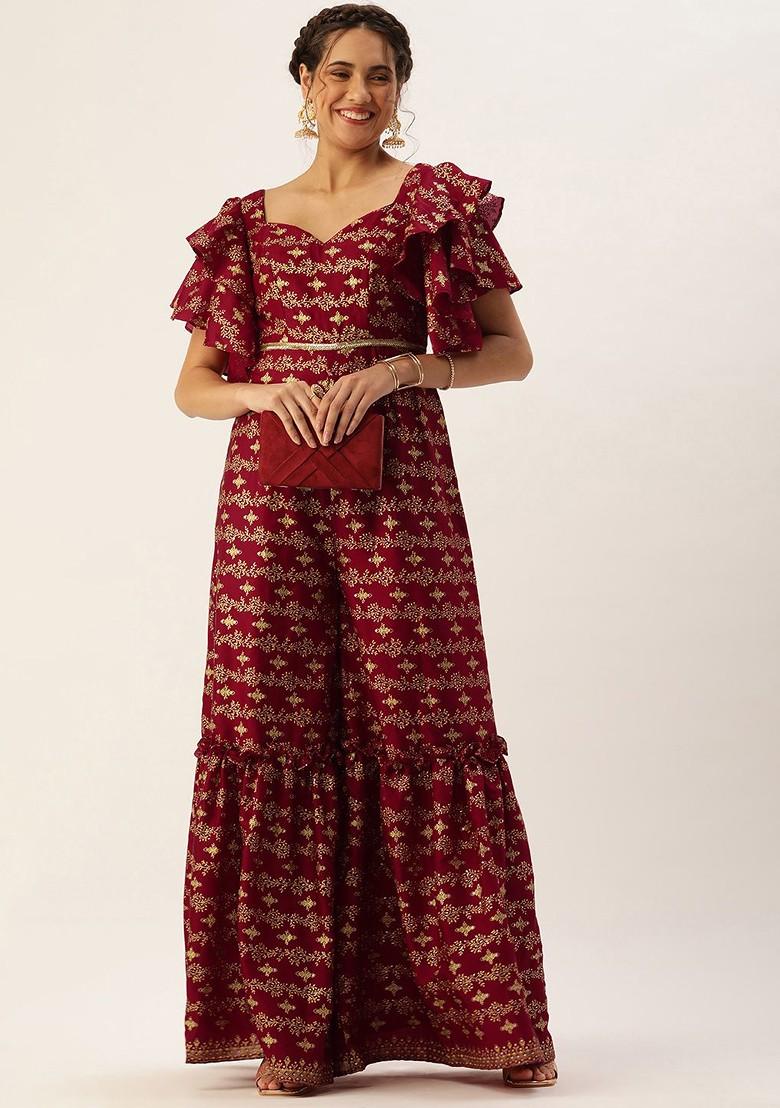 Maroon Printed Poly Blend Jumpsuit