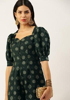 Green Foil Print Poly Blend Jumpsuit