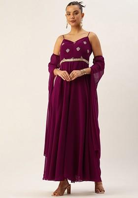 Purple Embroidered Poly Blend Jumpsuit
