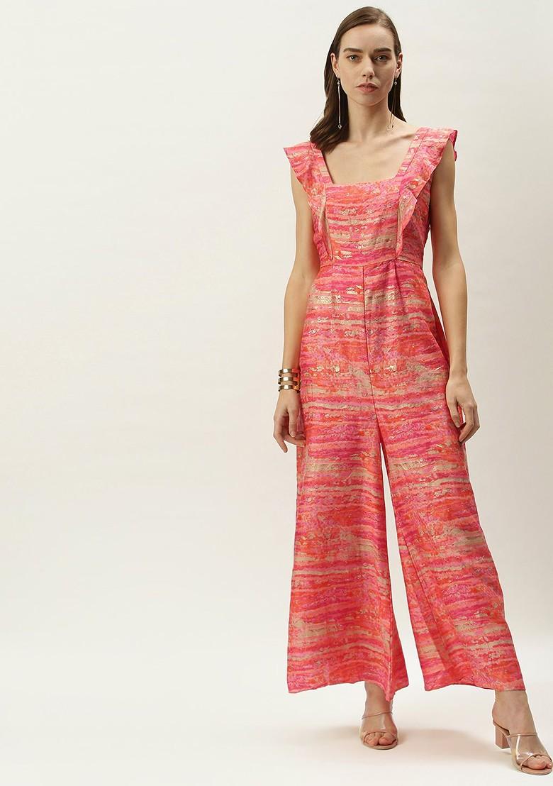 Coral Striped Print Poly Blend Jumpsuit