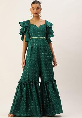 Green Foil Print Poly Blend Jumpsuit