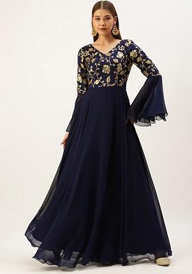 Navy Blue Floral Embroidered Poly Blend Tunic